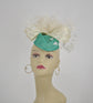 Turquoise w Ivory Jumbo Flowers and Silk Bows with Big Teardrop Sinamay Pillbox Base Hold by Elastic Kentucky Derby Hat Fascinator