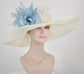 off White/ Ivory w Powder Blue Off White Feather Flower Kentucky Derby Hat, Church Hat, Wedding Hat, Easter Hat,  Wide Brim  Sinamay  Hat