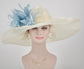 off White/ Ivory w Powder Blue Off White Feather Flower Kentucky Derby Hat, Church Hat, Wedding Hat, Easter Hat,  Wide Brim  Sinamay  Hat