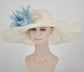 off White/ Ivory w Powder Blue Off White Feather Flower Kentucky Derby Hat, Church Hat, Wedding Hat, Easter Hat,  Wide Brim  Sinamay  Hat