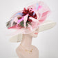 Church Kentucky Derby Hat Wide Brim Sinamay Hat Carriage Tea Party Wedding  White with Maroon Feather Flower 3 Bows Peacock Feathers