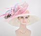 Church Kentucky Derby Hat Wide Brim Sinamay Hat Carriage Tea Party Wedding  White with Maroon Feather Flower 3 Bows Peacock Feathers