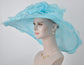 7" Wide Brim One Flower   for Church, Wedding, Tea Party, Kentucky Derby Hat Wide Brim Organza Hat Light Blue w White