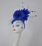 Royal Blue Sinamay w Jumbo Silk Flower Goose and Rooster Feather Flowers Fascinator Hat  Made On A Same Color Headband Kentucky Derby Hat