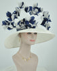 White with Navy Blue Jumbo Feather Flowers  Church Kentucky Derby Hat Tea Party Carriage Party  Royal AscotWide Brim  Sinamay Hat