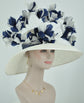 White with Navy Blue Jumbo Feather Flowers  Church Kentucky Derby Hat Tea Party Carriage Party  Royal AscotWide Brim  Sinamay Hat