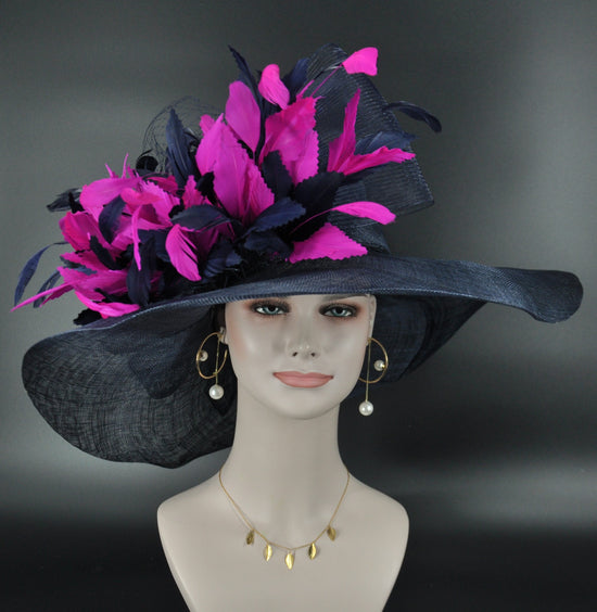 Navy Blue w Hot Pink Feather Flower 2 Jumbo Bows Kentucky Derby Hat, Church Hat, Wedding Hat, Tea Party Hat Wide Brim  Sinamay  Hat