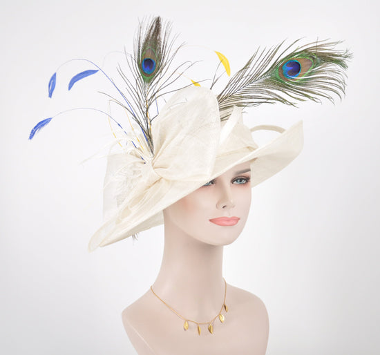 Wide Brim Kentucky Derby Floppy Sinamay Hat With Flowers  Millinery Church  Hat White w Colorful Feathers