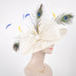 Wide Brim Kentucky Derby Floppy Sinamay Hat With Flowers  Millinery Church  Hat White w Colorful Feathers