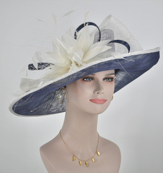 Navy Blue w White Feather Flower   Kentucky Derby Hat Tea Party Carriage Party