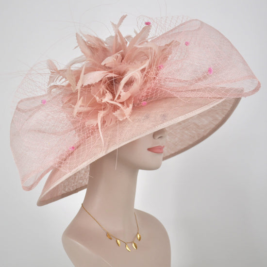 Dusty Pink Feather Flowers and Jumbo Two Bows Kentucky Derby Hat ,Tea Party Carriage Party