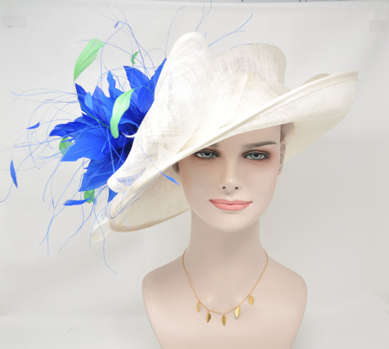 Wide Brim Kentucky Derby Floppy Sinamay Hat With Flowers Millinery Church Hat White w Royal Blue+ other colors