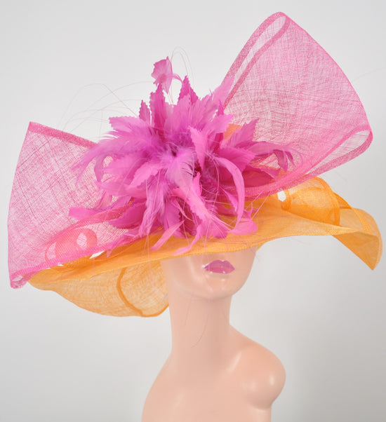 Orange w Hot Pink Feather Flower Bow Kentucky Derby Hat, Church Hat, Wedding Hat, Easter Hat, Tea Party Hat