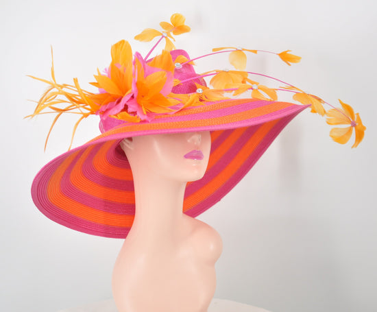 Orange w Hot Pink Feather Flowers Kentucky Derby Hat,  Tea Party Hat Wide Brim  Sinamay W Straw  Hat Multi Colors