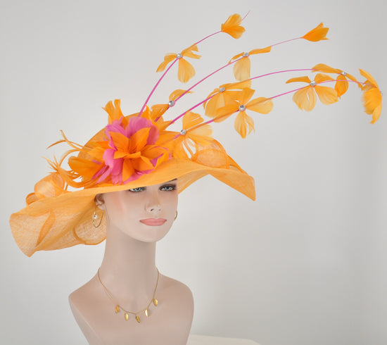 Orange  w Hot Pink Feather Flower Kentucky Derby Hat, Church Hat, Wedding Hat, Easter Hat, Tea Party Hat Wide Brim  Sinamay  Hat