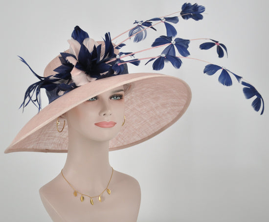 Dusty Pink with Navy Blue Feather Flowers Kentucky Derby Hat Tea Party Carriage Party  Royal AscotWide Brim  Sinamay Hat