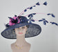 Navy Blue w Hot Pink  Feather Flowers Kentucky Derby Hat Tea Party Carriage Party Royal Ascot Oaks day hat