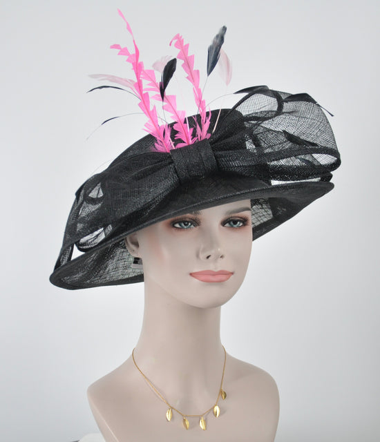 Wide Brim Kentucky Derby Floppy Sinamay Hat With Flowers  Millinery Church  Hat Black W Pink Pale Pink Black Feathers