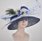 Church Kentucky Derby Hat  Carriage Tea Party Wedding  Navy Blue w White Flower Peacock Feathers