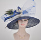 Church Kentucky Derby Hat  Carriage Tea Party Wedding  Navy Blue w White Flower Peacock Feathers