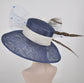 Church Kentucky Derby Hat  Carriage Tea Party Wedding  Navy Blue w White Flower Peacock Feathers