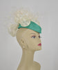 Turquoise w Ivory Jumbo Flowers and Silk Bows with Big Teardrop Sinamay Pillbox Base Hold by Elastic Kentucky Derby Hat Fascinator