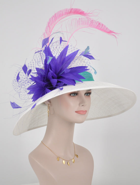 Church Kentucky Derby Hat Carriage Tea Party Wedding  White with Purple Feather Flower Peacock Feathers