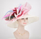 Church Kentucky Derby Hat Wide Brim Sinamay Hat Carriage Tea Party Wedding  White with Maroon Feather Flower 3 Bows Peacock Feathers