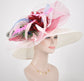 Church Kentucky Derby Hat Wide Brim Sinamay Hat Carriage Tea Party Wedding  White with Maroon Feather Flower 3 Bows Peacock Feathers