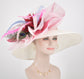 Church Kentucky Derby Hat Wide Brim Sinamay Hat Carriage Tea Party Wedding  White with Maroon Feather Flower 3 Bows Peacock Feathers