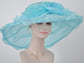 7" Wide Brim One Flower   for Church, Wedding, Tea Party, Kentucky Derby Hat Wide Brim Organza Hat Light Blue w White