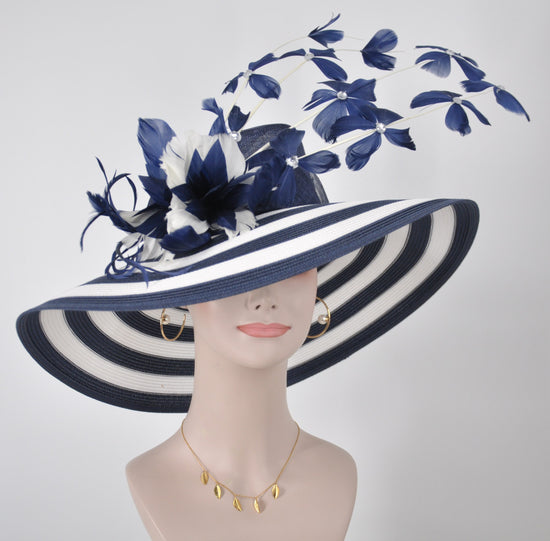 Navy Blue w White Feather Flowers Kentucky Derby Hat, Tea Party Hat Wide Brim  Sinamay W Straw Hat