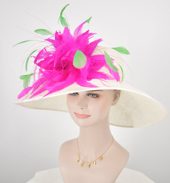 Church Kentucky Derby HatCarriage Tea Party Wedding Wide Brim   Sinamay Hat Ivory  w Hot Pink Feather Flower and Green  Feathers