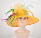 Church Kentucky Derby Hat Wide Brim Sinamay Hat Carriage Tea Party Wedding  W  Feather Flower Quills and  Bows Orange W Green  Hot Pink