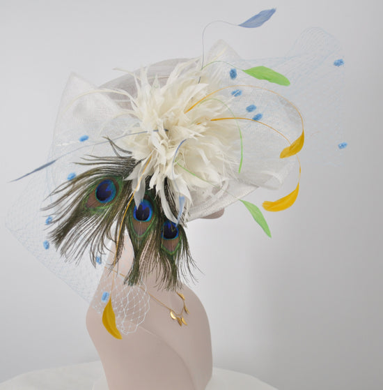 Wide Brim Kentucky Derby Floppy Sinamay Hat With Flowers  Millinery Church  Hat White w Powder Blue, Gold