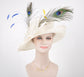 Wide Brim Kentucky Derby Floppy Sinamay Hat With Flowers  Millinery Church  Hat White w Colorful Feathers