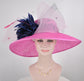 Church Kentucky Derby Hat Carriage Tea Party Wedding Wide Brim Hat in Solid Sinamay Hat Hot Pink w Navy Blue Pale Pink Jumbo Bows