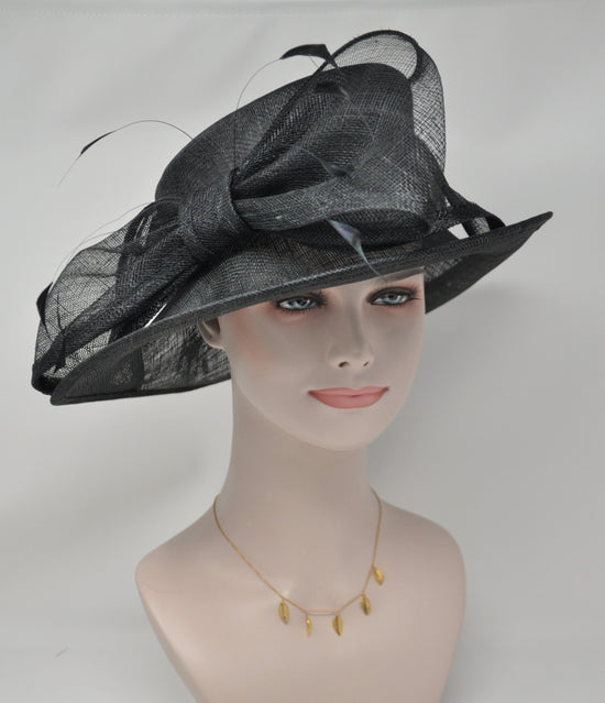 Wide Brim Kentucky Derby Floppy Sinamay Hat With Flowers  Millinery Church  Hat Black