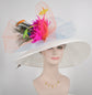 Church Kentucky Derby Hat Wide Brim Sinamay Hat   Carriage Tea Party Wedding  White with Colorful Feather Flower Peacock Feathers