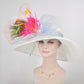 Church Kentucky Derby Hat Wide Brim Sinamay Hat   Carriage Tea Party Wedding  White with Colorful Feather Flower Peacock Feathers