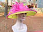 Church  Kentucky Derby Hat Carriage Tea Party Wedding Wide Brim Woman’s Royal Ascot Hat in Solid Sinamay Hat Lime Green w Hot Pink