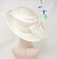 Wide Brim Kentucky Derby Floppy Sinamay Hat With Flowers  Millinery Church  Hat White w Royal Blue and Green Feathers