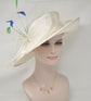 Wide Brim Kentucky Derby Floppy Sinamay Hat With Flowers  Millinery Church  Hat White w Royal Blue and Green Feathers