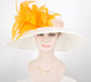 Church Kentucky Derby Hat Carriage Tea Party Wedding   White w Blush Pink Trim Gold Feather Flower