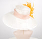 Church Kentucky Derby Hat Carriage Tea Party Wedding   White w Blush Pink Trim Gold Feather Flower