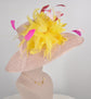 Dusty Pink W Yellow  Feather Flower Burgundy Hot Pink Colorful Feathers Kentucky Derby Hat ,Tea Party Carriage Party