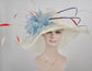 off White/ Ivory w Powder Blue Feather Flower  Feathers Wide Brim Sinamay Hat Kentucky Derby Hat, Church  Wedding Hat, Easter Hat