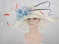 off White/ Ivory w Powder Blue Feather Flower  Feathers Wide Brim Sinamay Hat Kentucky Derby Hat, Church  Wedding Hat, Easter Hat