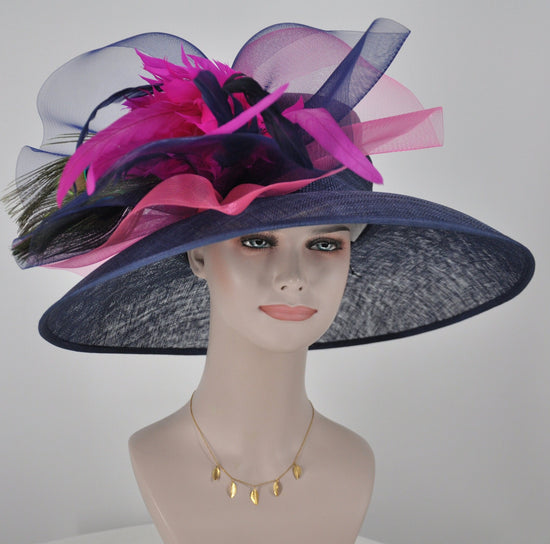 Navy Blue  w Hot Pink Feather Flowers  Peacock Feathers  Kentucky Derby,Tea Party Carriage Party  Royal AscotWide Brim  Sinamay Hat