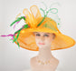 Church Kentucky Derby Hat Wide Brim Sinamay Hat Carriage Tea Party Wedding  W  Feather Flower Quills and  Bows Orange W Green  Hot Pink